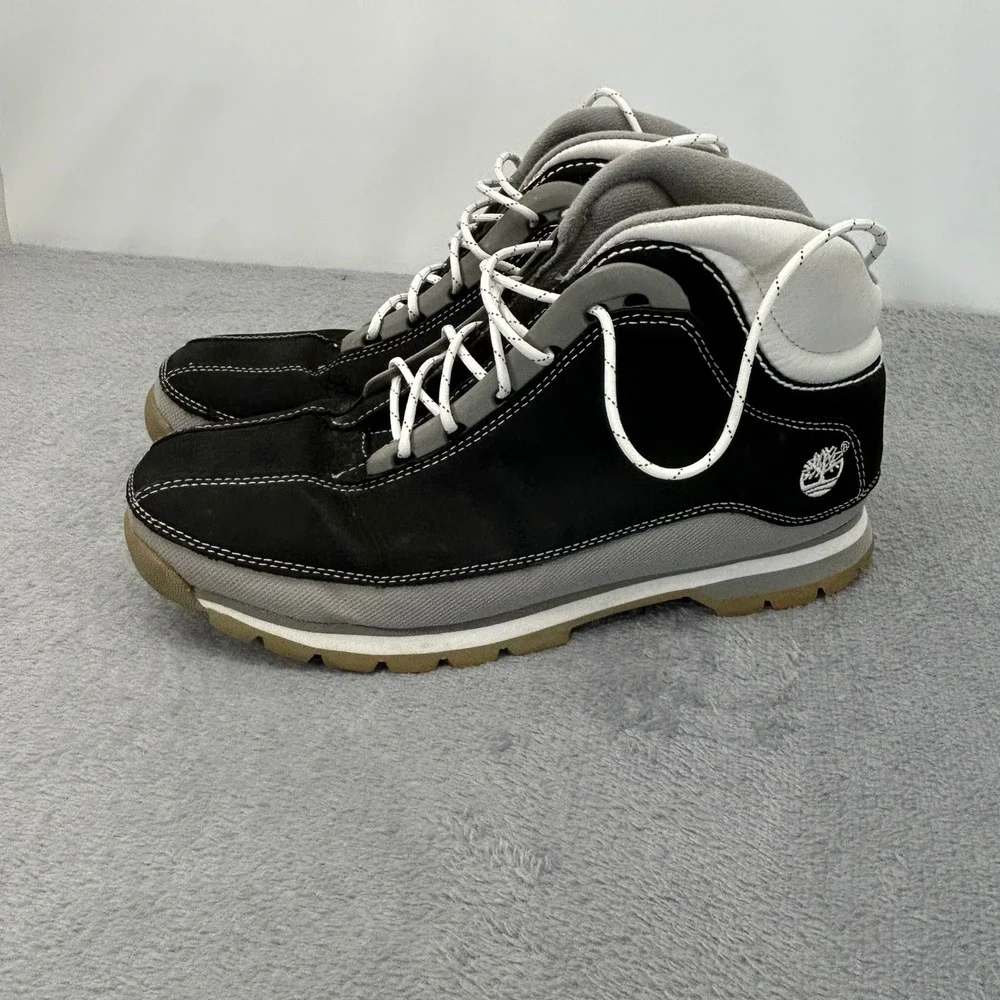Timberland Mens 10.5 M Black Leather Mid Hiking Boots Style 1822 Grey White Trim